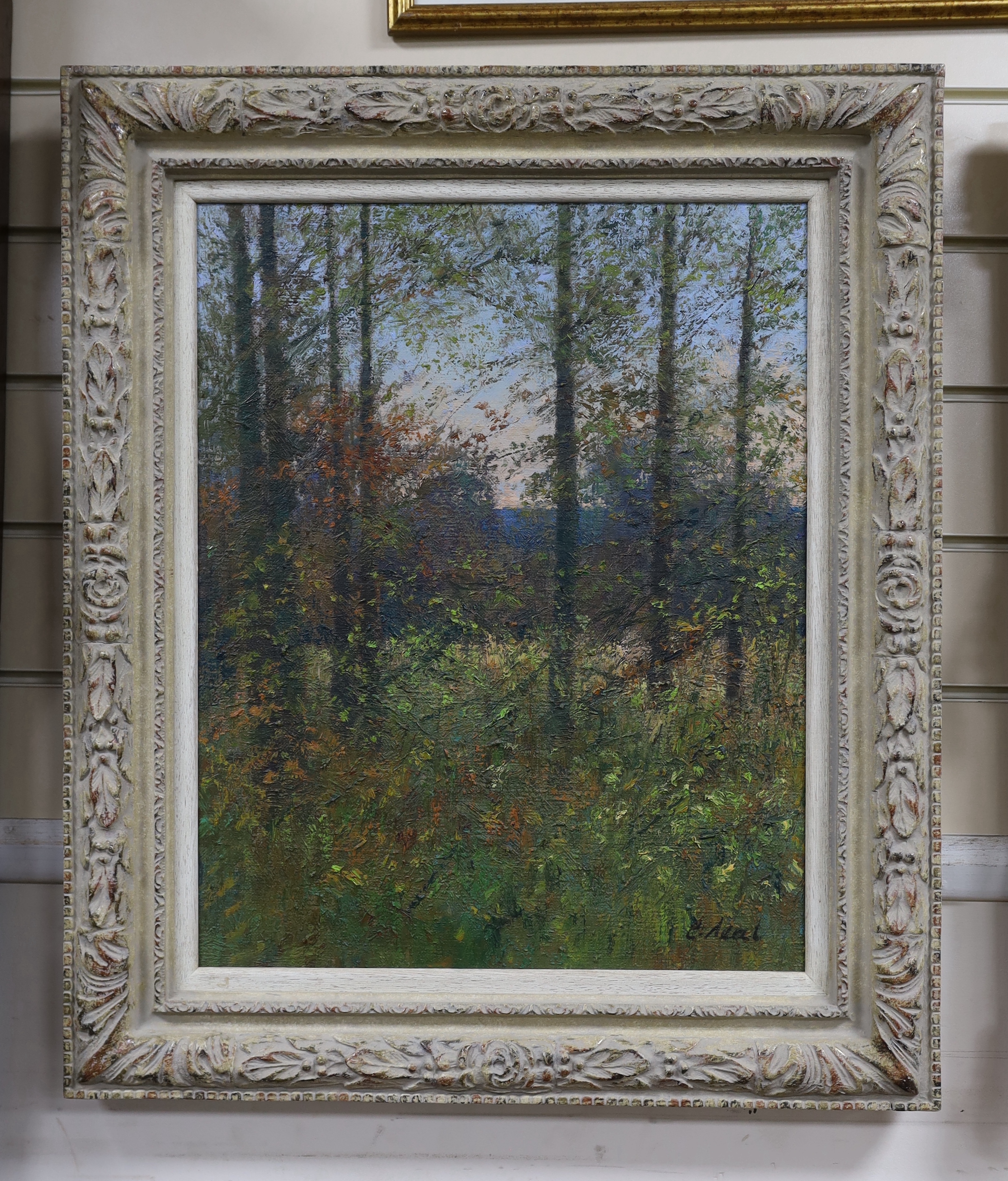 Charles Neal (1951-), oil on canvas, 'Autumn wood, Norbury Hill, Coln Valley, Gloucestershire, November evening' signed, label verso, 51 x 41cm
